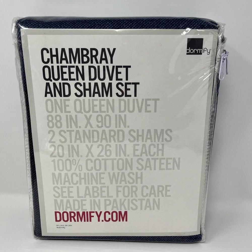 DORMIFY‎ Blue Chambray Queen Duvet and Standard Sham Set 100% Cotton Satine NEW